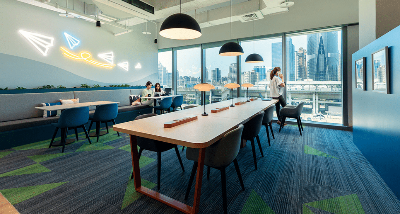 Hot desk area in Zhubei with a view of the high-speed railway station.